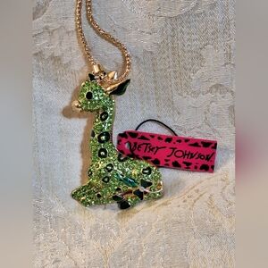 Large! Giraffe pendant necklace green rhinestones & enamel spots, gold tone